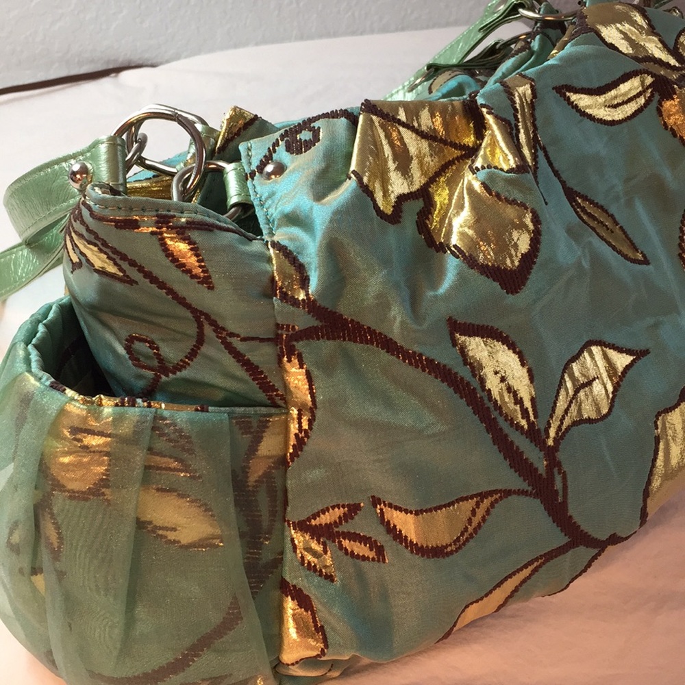 Unique bag, teal/green, gold floral, gorgeous, EUC